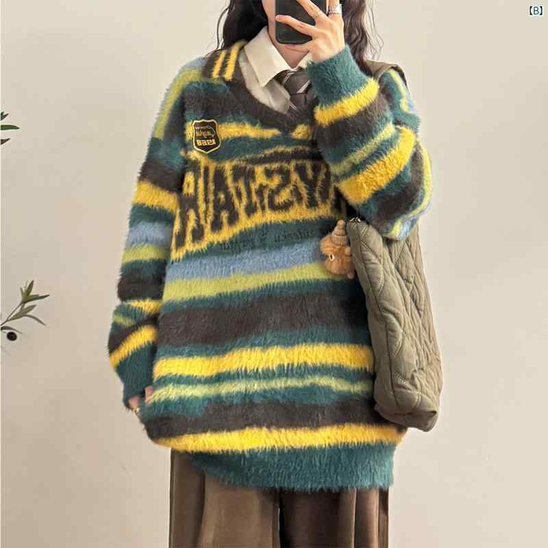 レディース　ファッション　レディース　オシャレ　コーデ　春　秋　夏 UATONLINE 秋冬 アメリカン レトロ コントラスト ストライプ レター ジャカード スポーツ セーター レディース