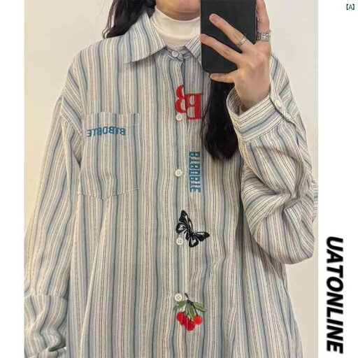 レディース ファッション レディース オシャレ コーデ 春 秋 夏 UATONLINE 秋 アメリカン レトロ ルース 花柄 刺繍 ストライプ 長袖 シャツ トップ レディース レディース ファッション レディース オシャレ コーデ 春 秋 夏 UATONLINE 秋 アメリカン レトロ ルース 花柄 刺繍 ストライプ 長袖 シャツ トップ レディース