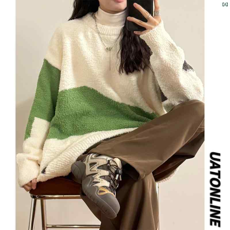 レディース　ファッション　レディース　オシャレ　コーデ　春　秋　夏 UATONLINE 秋冬 アメリカン レトロ スプライシング ニット セーター ラウンドネック レディース
