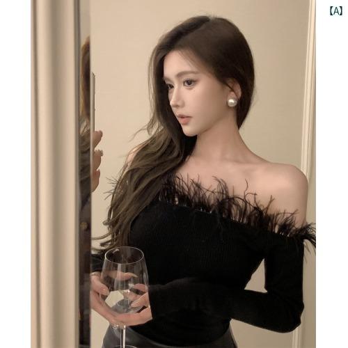 レディース　ファッション　レディース　オシャレ　コーデ　春　秋　夏 秋冬 レディース 魅惑的 ワンショルダー ファー パッチワーク セーター ハイエンド エレガント レディライク イン ナーレ イヤリング デ コンストラクト トップ