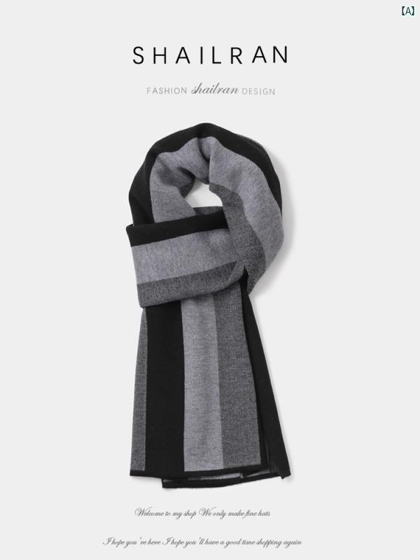 シャロン ウール ニット ストライプブラック グレー メンズ スカーフ 冬 暖かい ナロー 品質