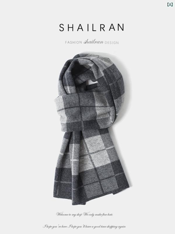 シャロン ウール ニット 無地 グレー チェック柄 メンズ スカーフ 冬 厚く 暖かい 狭い