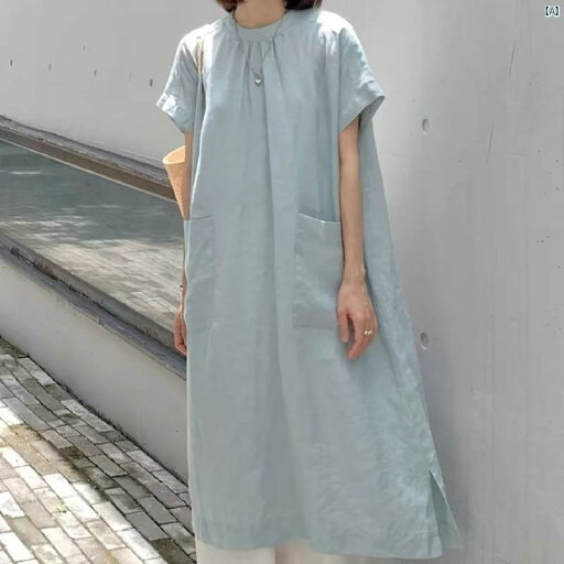 レディース ファッション コーデ 春 夏 秋 夏 和風 フレンチ ビッグ ポケット ラウンドネック ドレス 文学 風 ローブ 水色 レディース ファッション コーデ 春 夏 秋 夏 和風 フレンチ ビッグ ポケット ラウンドネック ドレス 文学 風 ローブ 水色