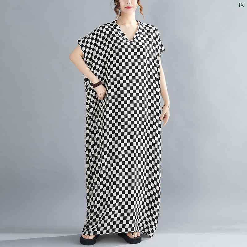 レディース　ファッション　コーデ　春　夏　秋 夏 文学 市松 模様 プリントコットン Vネック ローブ ..