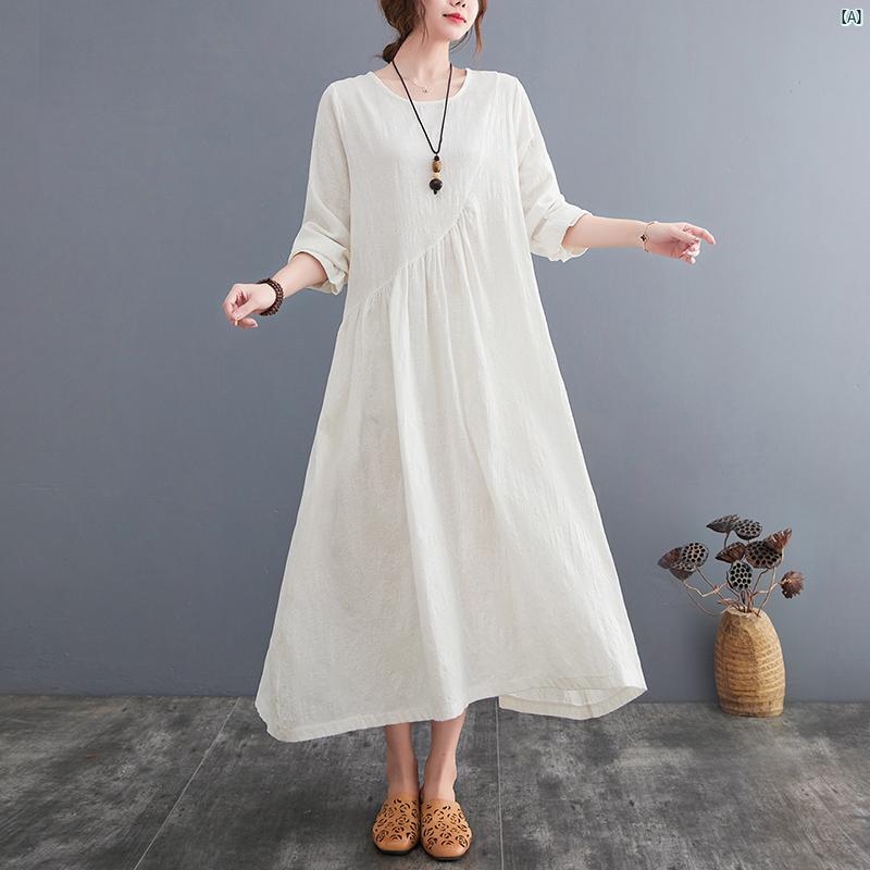 レディース　ファッション　コーデ　春　夏　秋 秋 シンプル ジャカード 大きいサイズ コットン リネン ドレス 長袖 ミドル丈