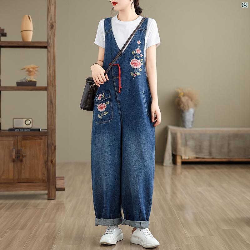 レディース　ファッション　コーデ　春　夏　春秋 新 中華風 レトロ 大きいサイズ 刺繍 デニムオーバーオール ジャンプ スーツ ホット