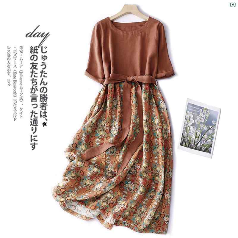 コットン リネン 花柄 ドレス mm 大きめ サイズレディース レトロ プリント スカート 夏 ロング フォレスト(4)