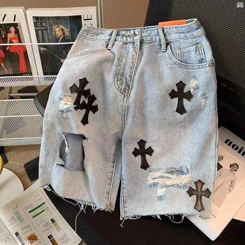 レディース ファッション コーデ 春 夏 秋 穴 あき ロー エッジ デニム ワイド レッグ ショーツ リップド
