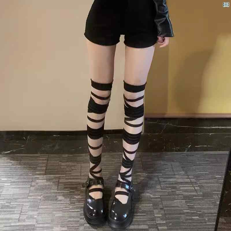 レディース　ファッション　コーデ　春　夏　秋 スタイリッシュ ガール サブカルチャー 包帯 ロング チューブ 膝丈 アビー ストッキング レディース ストラップ パイル ロリータ 薄手 ホワイト