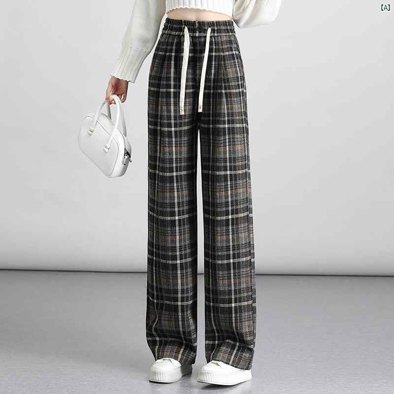 レディース　ファッション　コーデ　春　夏　秋 メイラード レトロ 起毛 チェック柄 カジュアル パンツ レディース 秋冬 巾着 足 モップ