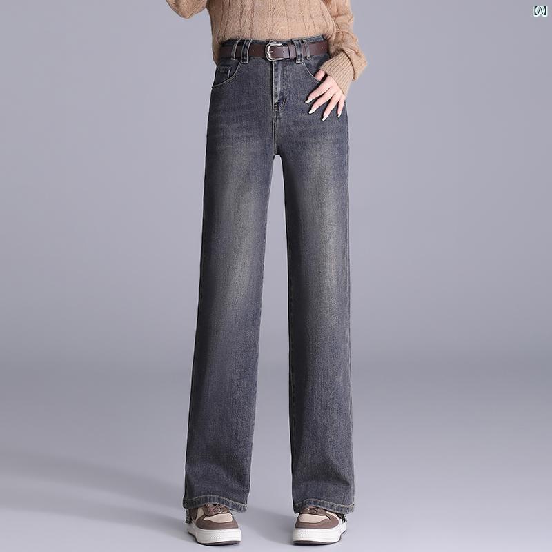 レディース　ファッション　コーデ　春　夏　秋 セメント グレー ストレート ジーンズ レディース 春秋 ハイウエスト ドレープ ホット スリム ナロー ワイド レッグ パンツ ズボン