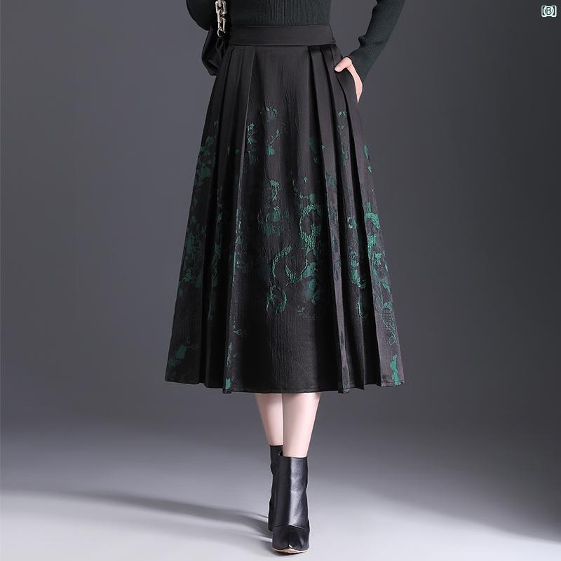 レディース　ファッション　コーデ　春　夏　秋 スカート ジャガード スカート レディース 春秋 ハイウエスト プリーツスカート ミドル丈 スリム ポケット Aラインイン