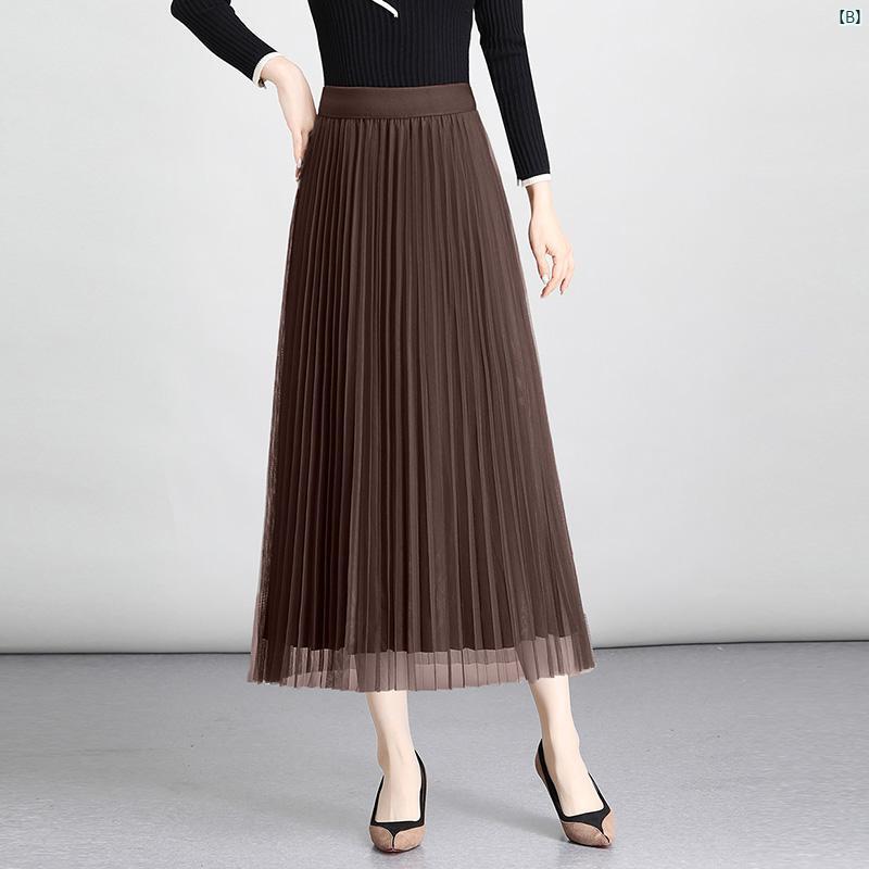 レディース　ファッション　コーデ　春　夏　秋 エンボス メッシュ スカート レディース 春秋 ハイウエスト スリム プリーツスカート ガーゼ ミドル丈