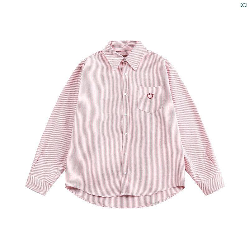 レディース　ファッション　コーデ　春　夏　秋 ANDEARDI ブルー フレッシュ ポケット 刺繍 スマイリーフェイス ストライプシャツジャケット カップル 春秋