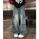 レディース ファッション コーデ 春 夏 秋 ANDEARDI レトロ アメリカン マルチ ポケット ワイド レッグ ジーンズ メンズレディース 秋新 ファッション ズボン