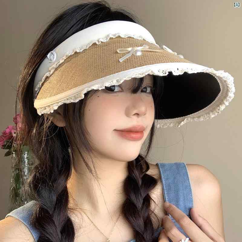 レース 空 トップ 麦わら 帽子 レディース 夏 ブラック プラスチック つば広 日焼け防止 屋外 太陽