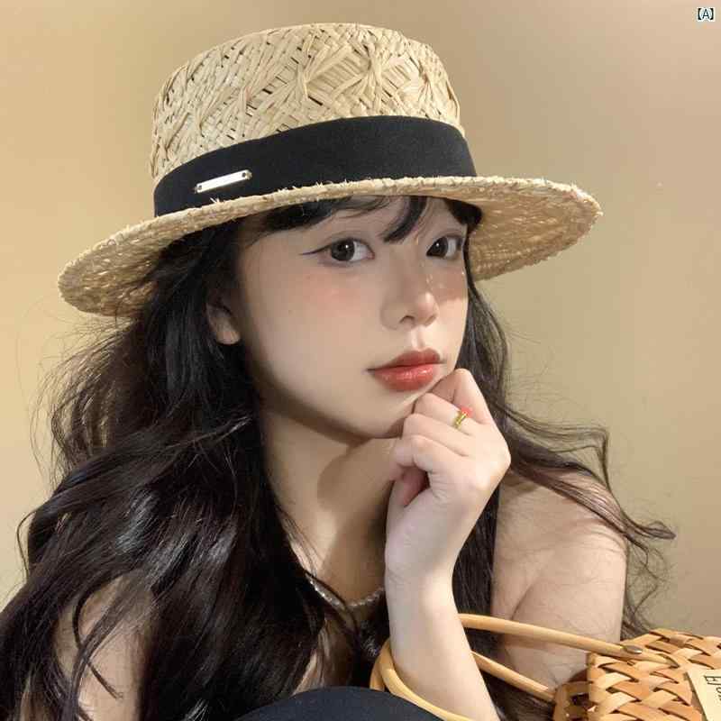 ラフィア 麦わら 帽子 レディース 夏 フランス 海辺 フラット トップ ビーチ 休暇 日焼け防止