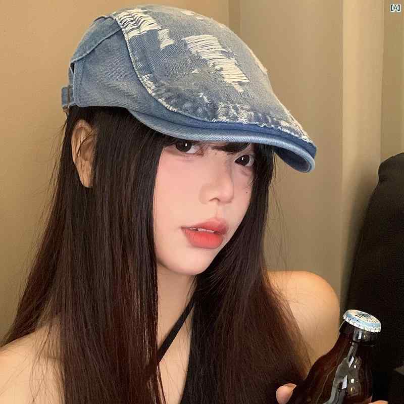 ウォッシュド リップド デニム フォワード ハット レディース 春夏 レトロ 顔 出し 小柄 ベレー 帽 大..