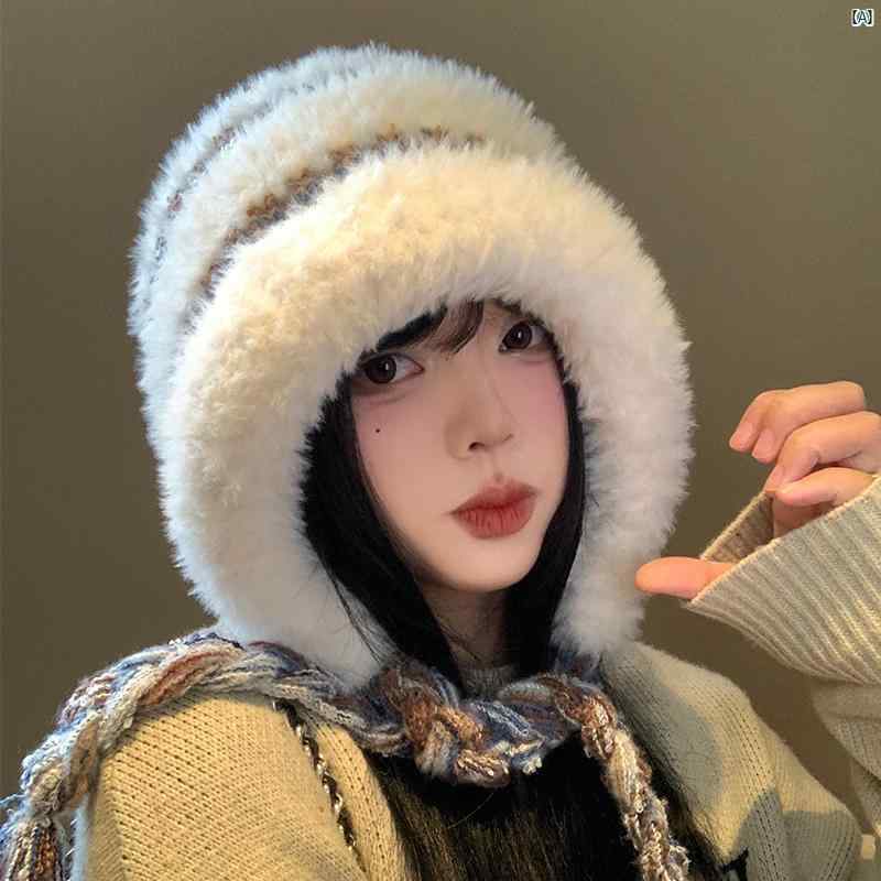 秋冬 レディース ストライプ カラー ブロッキング 帽子 韓国 顔 小柄 耳保護 ロシア 暖かい ニット ウール(4)