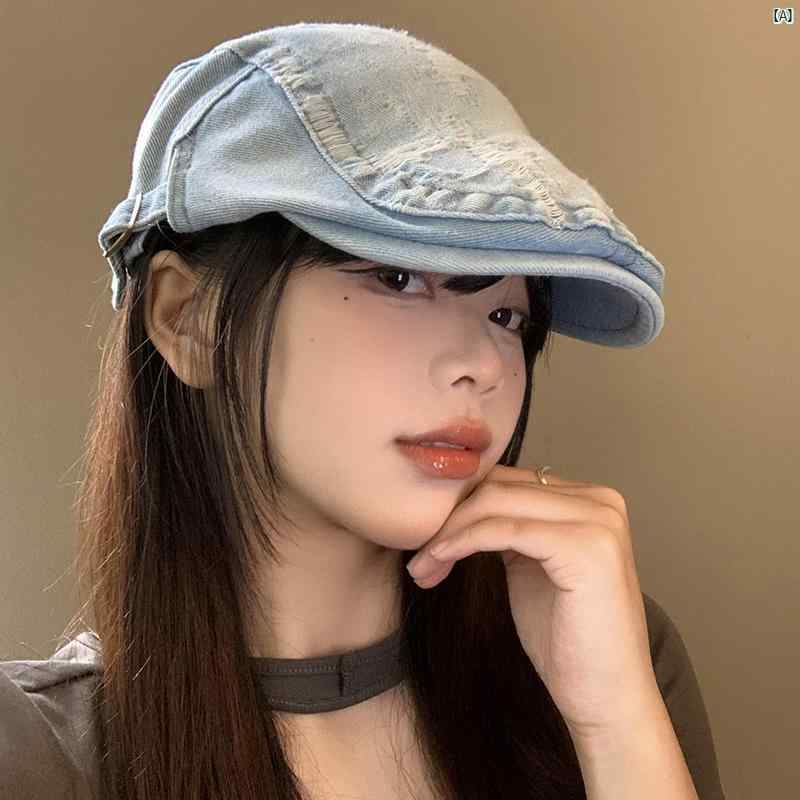 破れた デニム フォワード ハット レディース 春夏 レトロ ウォッシュド ベレー 帽 大きい 頭囲 逆 着用 ペインター ファッション