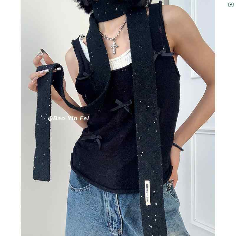 秋冬 レディース ブラック スパンコール 細い スカーフ 韓国 レトロ 薄手 ニット ウール 狭い ネック