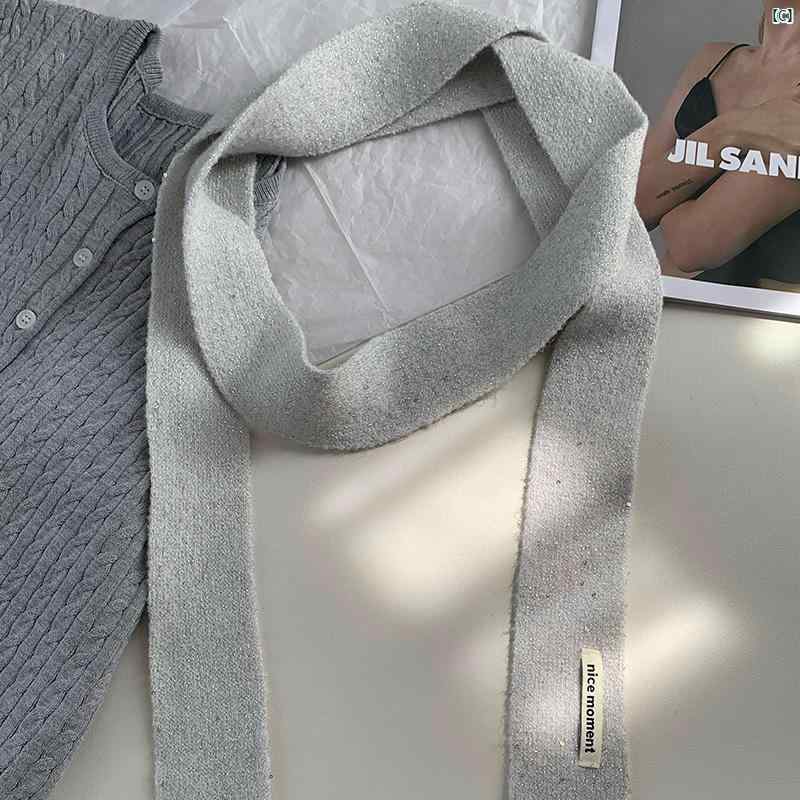 秋冬 レディース ブラック スパンコール 細い スカーフ 韓国 レトロ 薄手 ニット ウール 狭い ネック