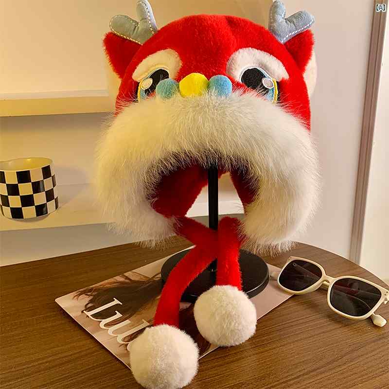 冬用 レディース かわいい 蛇口 帽子 ベルベット 厚手 加えた 保温性 耳保護 中国 レッド 辰(4)