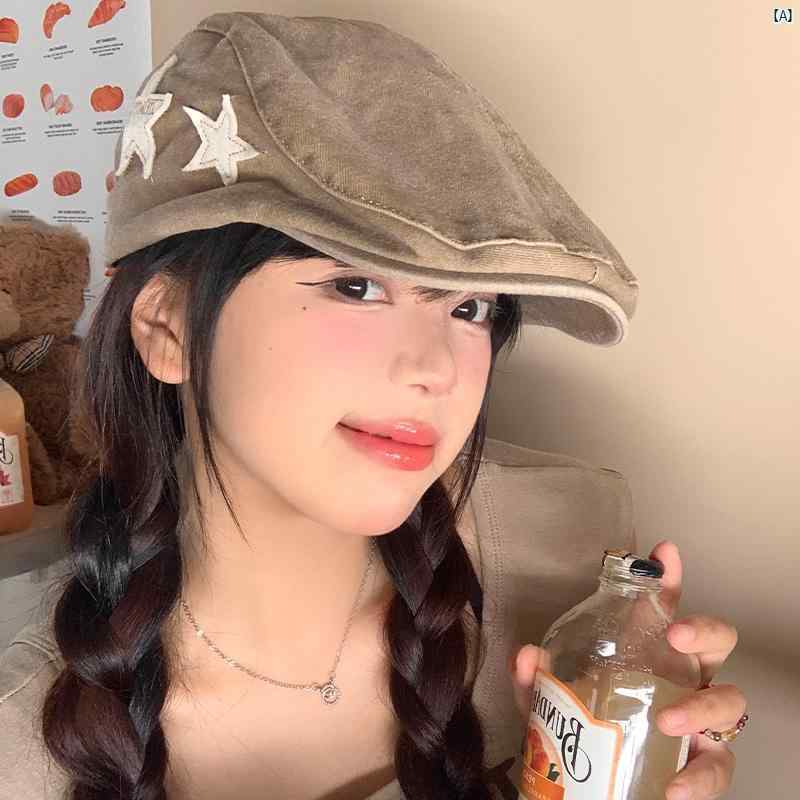 アメリカン レトロ スター カウボーイ フォワード ハット レディース ウォッシュド オールド ビッグ ヘッド ベレー 帽 顔 見せ リトル ペインター