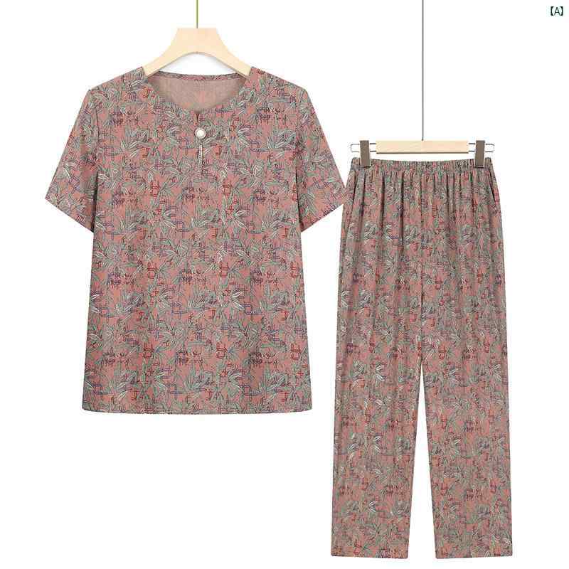 レディース ファッション 大歳 マダム コーデ 春 夏 秋 レディースおばあちゃん 夏 半袖 スーツ 2点セットお母さん パジャマ高 者 服お ばあさんホーム ウェア