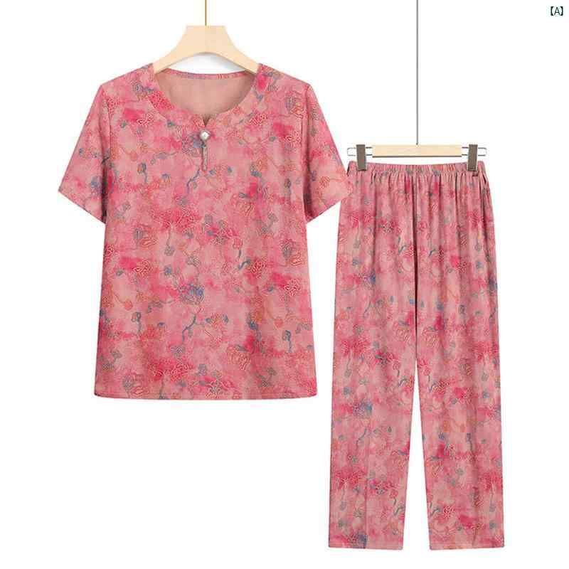 レディース ファッション 大歳 マダム コーデ 春 夏 ばあちゃん 夏用 半袖 スーツお母さん Tシャツ 70歳 妻 2点 スーツ高 者 薄着