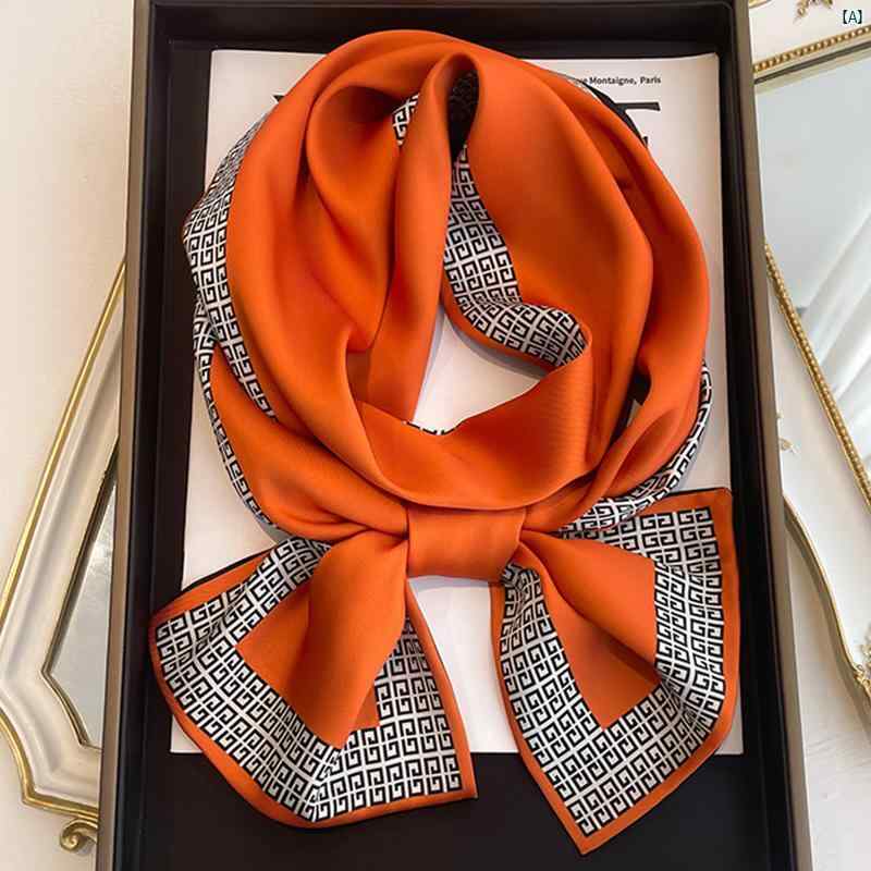 レディース　コーデ　ファッション小物 レディース 小柄 長い スカーフ オレンジ 春秋 夏 ネック ゲートル シャツ リボン 薄手 付き