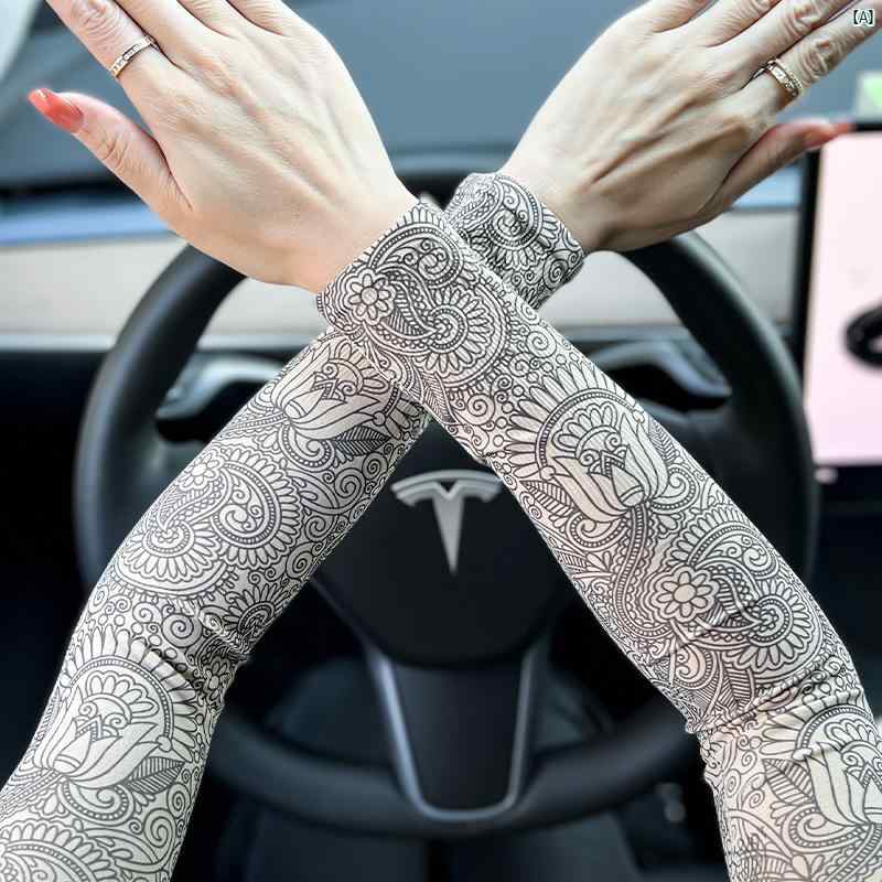 レディース コーデ ファッション小物 夏 薄氷 日焼け防止 手 袖 ロング 手袋 メンズレディース タトゥー フラワー アーム 乗馬 オートバイ 釣り アームガ...