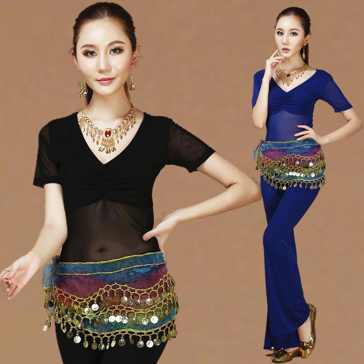 ベリーダンス セット インド ダンス パフォーマンス 服 練習 お腹 カバー 半 薄手 ガーゼ 半袖 パンツ