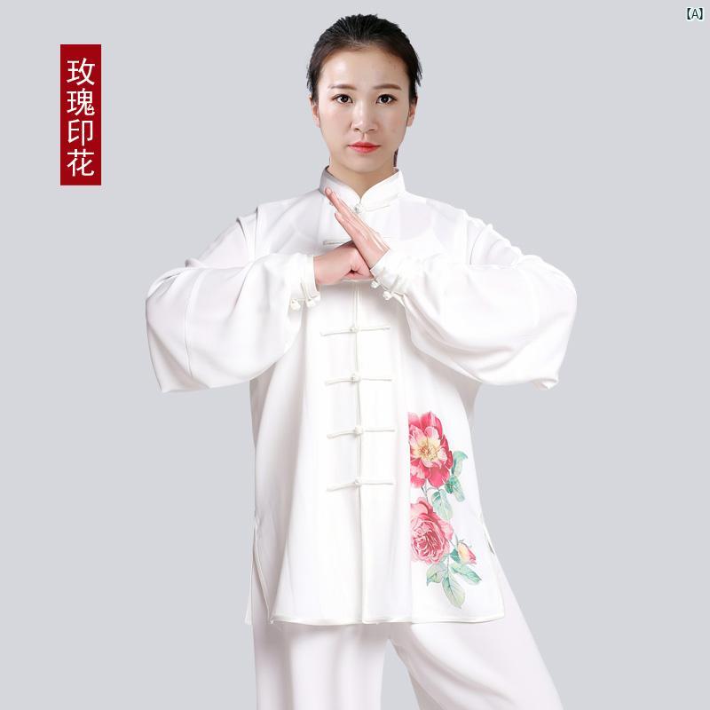 男性用 太極拳 スーツ レディース 中華風 リネン プリント 練習 武道 衣装 パフォーマンス 春秋 Jingyi