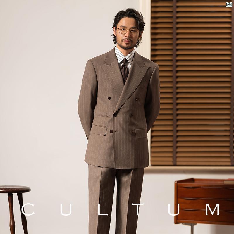 セミ リネン 裏地 CULTUM 50 ウール ストライプ ダブルブレスト スーツ メンズ ビジネス 英国 フォーマルスーツ
