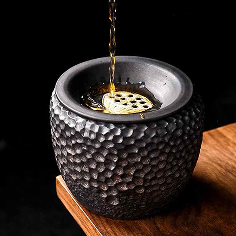 茶渣入れ 家庭用 陶器 建水 蓋付き フィルター 水こぼし 茶道具 鉄錆釉 茶洗 茶缶 茶器 茶道 付属品 和風 レトロ 槌目調 おしゃれ シック エコ 排水 禅意 インテリア 置物 伝統 工芸品 グリーン ゴールド