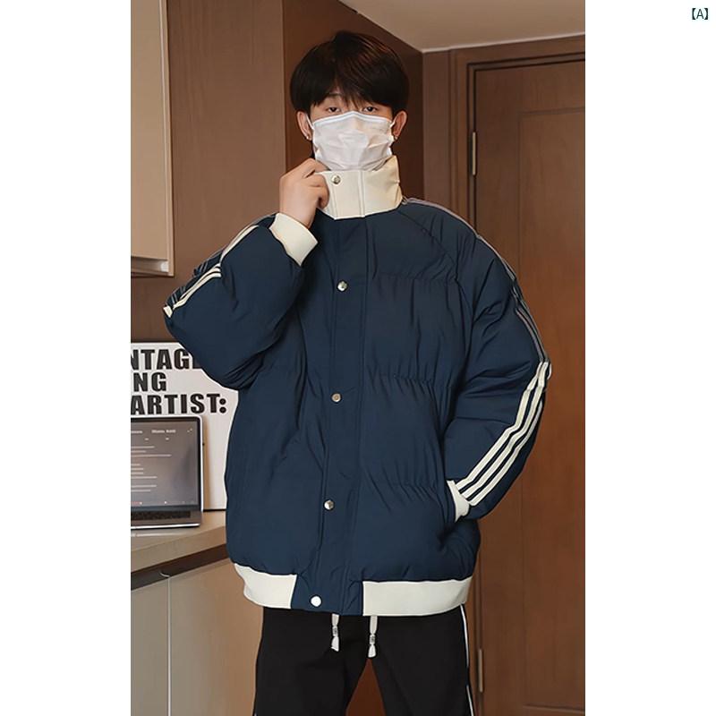 メンズ　ファッション　カジュアル スリー ストライプ ステッチ スタンドカラーコットン コート 冬 厚手 ブレッド ティーンエイジャー 暖かい コットンコート