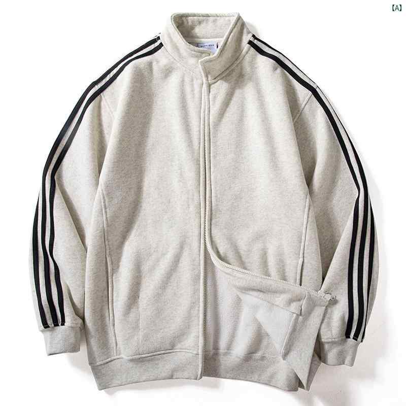 Rakuten - メンズ　ファッション　男性用　カジュアル　オシャレ ジャケット メンズ 秋　冬 暖かい 裏起毛 厚手 ストリップ コントラスト スウェットシャツ カジュアル カーディガン スタンドカラー