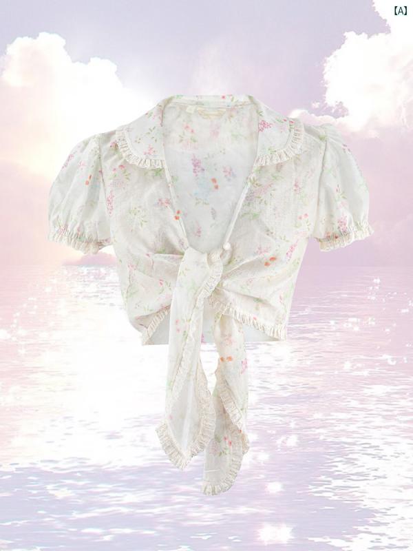 レディース ファッション おしゃれ 韓国 海外ファッション 上品 おしゃれ 夏 花柄 パフスリーブ レースアップ シフォンシャツ ウエスト スリム ショート シャツ トップ