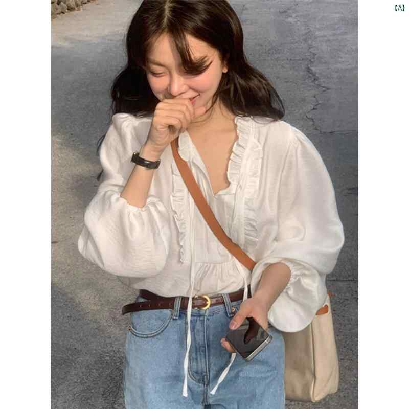 レディース ファッション おしゃれ 海外風 レディース 真 レース レースアップ ホワイト シャツ パフスリーブ トップ 夏 美しい 小柄