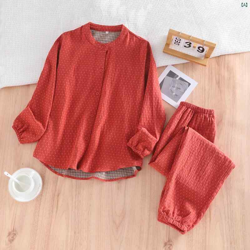 春秋 カップル 薄手 コットン 二層 ガーゼ パジャマ クレープ ラウンドネック ドット メンズレディース 長袖 ホーム 服