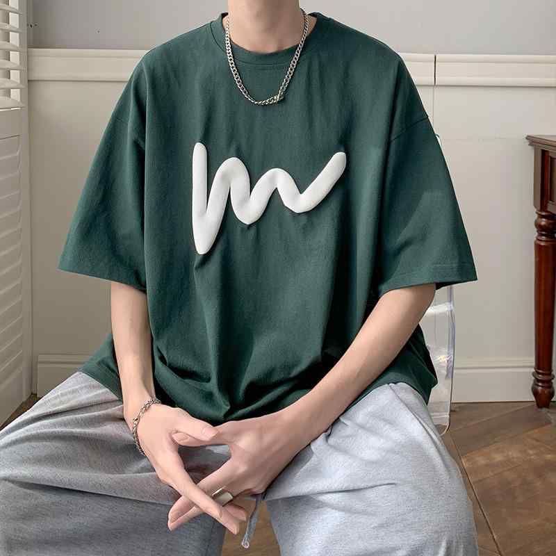 Tシャツ 男性用 春夏 グリーン ゆったり 半袖 丸首 落肩袖 再生繊維 ポルカドット プリント カジュアル 日常使い イージーケア