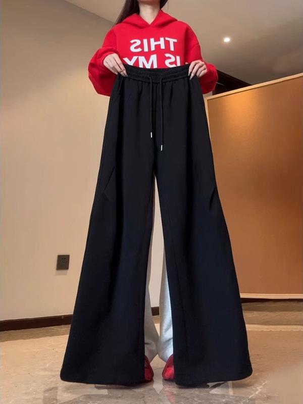 メンズ ブラック ワイドパンツ ルーズフィット ストレートレッグ カジュアルパンツ スポーツウェア ポリエステル 通気性 微弾性 ノーアイロン 中腰 ドローストリング バッジディテール 日常使い 軽量 快適