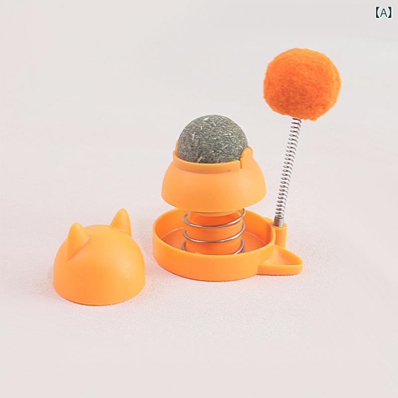 猫玩具 多機能 舐めボール キャットニップ 入り 弾力スプリング PVC素材 インタラクティブ ペットおもちゃ 橙色 ピンク 青 遊び心 興奮機能