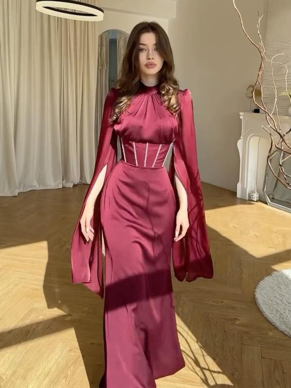Rakuten - ワンピース レディース 長袖 ロングドレス 春夏 エレガント 気質 優雅 切り替え デザイン ポリエステル ノーアイロン 修身 フィット ラウンドネック 中腰 ふんわり シルエット 軽量 吸湿速乾