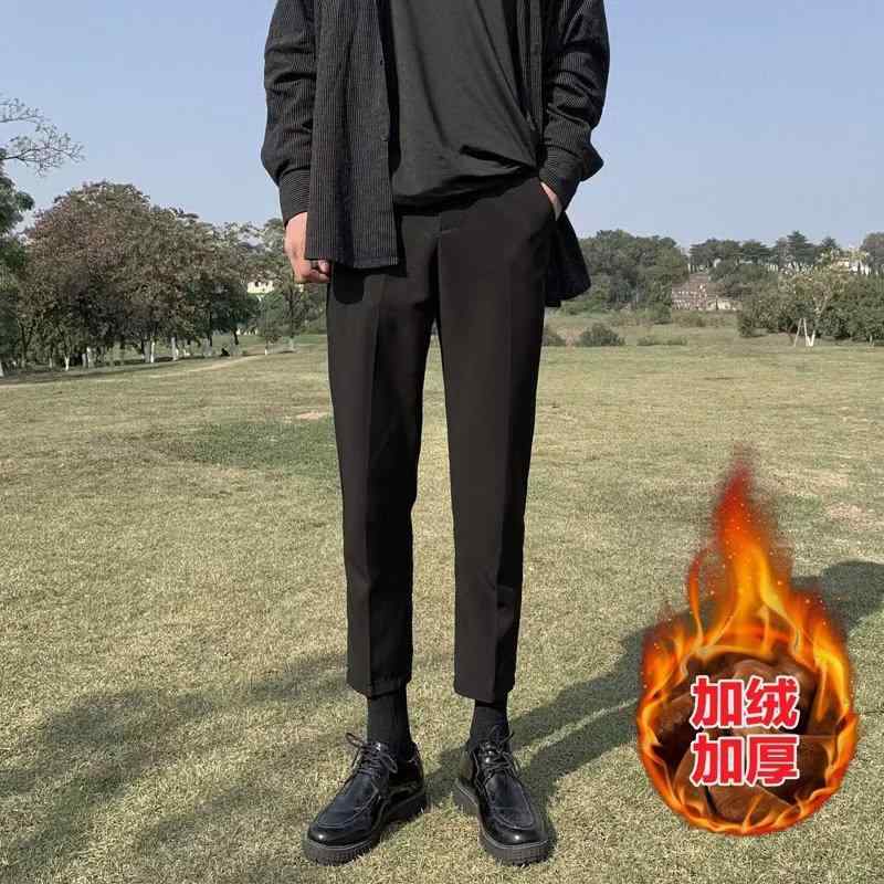 メンズ 秋冬 男性用 9分丈 ストレート ワイド ゆったり スラックス スーツパンツ チノパン 伸縮性 綿 麻 接触冷感 ブラック ハイウエスト 直筒