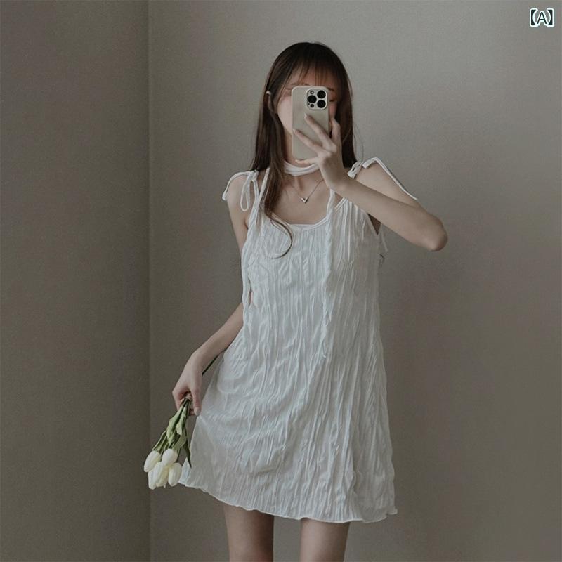 吊帯 連衣裙 女性用 ワンピース 短裙 褶皱 切り替え 高腰 無袖 半袖なし 簡約気質 ...