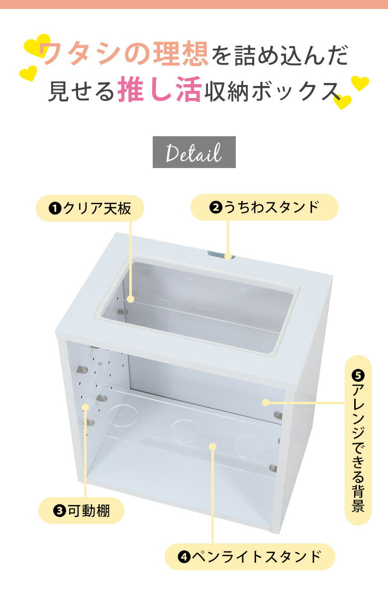 【送料無料_a】推し活 収納ボックス キューブボックス 推し活グッズ収納 幅36 ホワイト 組立品 コンパクト 多機能 ペンライトスタンド 可動棚 うちわ収納 クリア天板 背景アレンジ可能