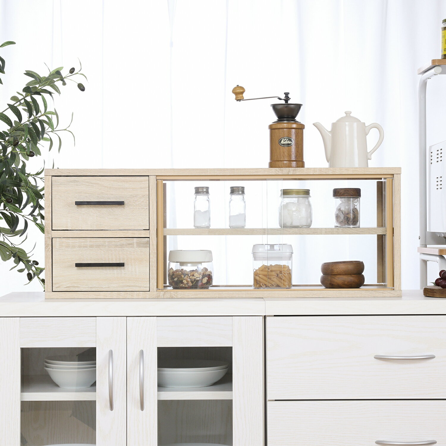 【送料無料_b】カウンター上 収納ラック 食器棚 キッチン 収納 引き出し 一人暮らし 引き戸 幅80cm 両面取り出し 調味料 カトラリー スリム 北欧 ホワイト オーク ナチュラル