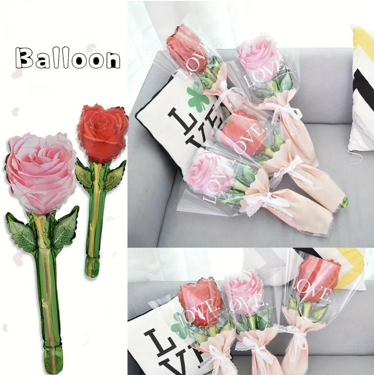 包装紙とリボン付き薔薇の花束風バルーン(赤とピンク2枚セット) クリスマスギフト 風船 キッズ ギフト 装飾 パーティ飾り お祝い プレゼント バルーン飾り 母...